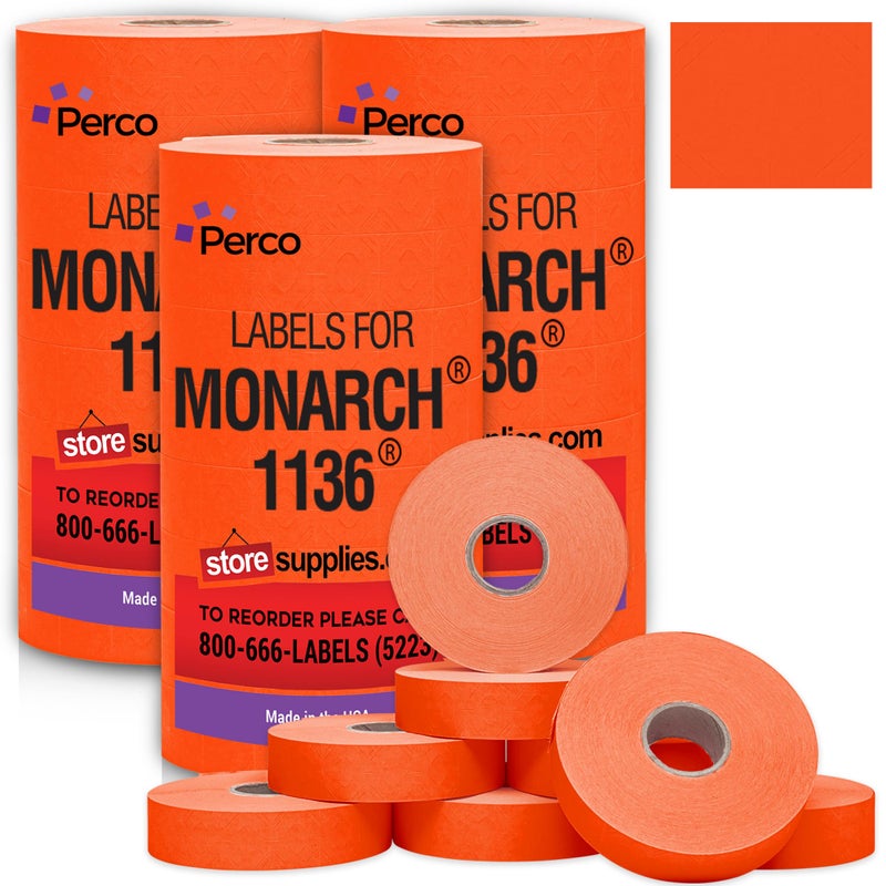 Perco Fluorescent Red Pricing Labels for Monarch 1136 Price Gun â€“ 3 Sleeves, 24 Rolls Value Pack - 42,000 Price Marking Labels â€“ with Ink Rolls Included - Image 1